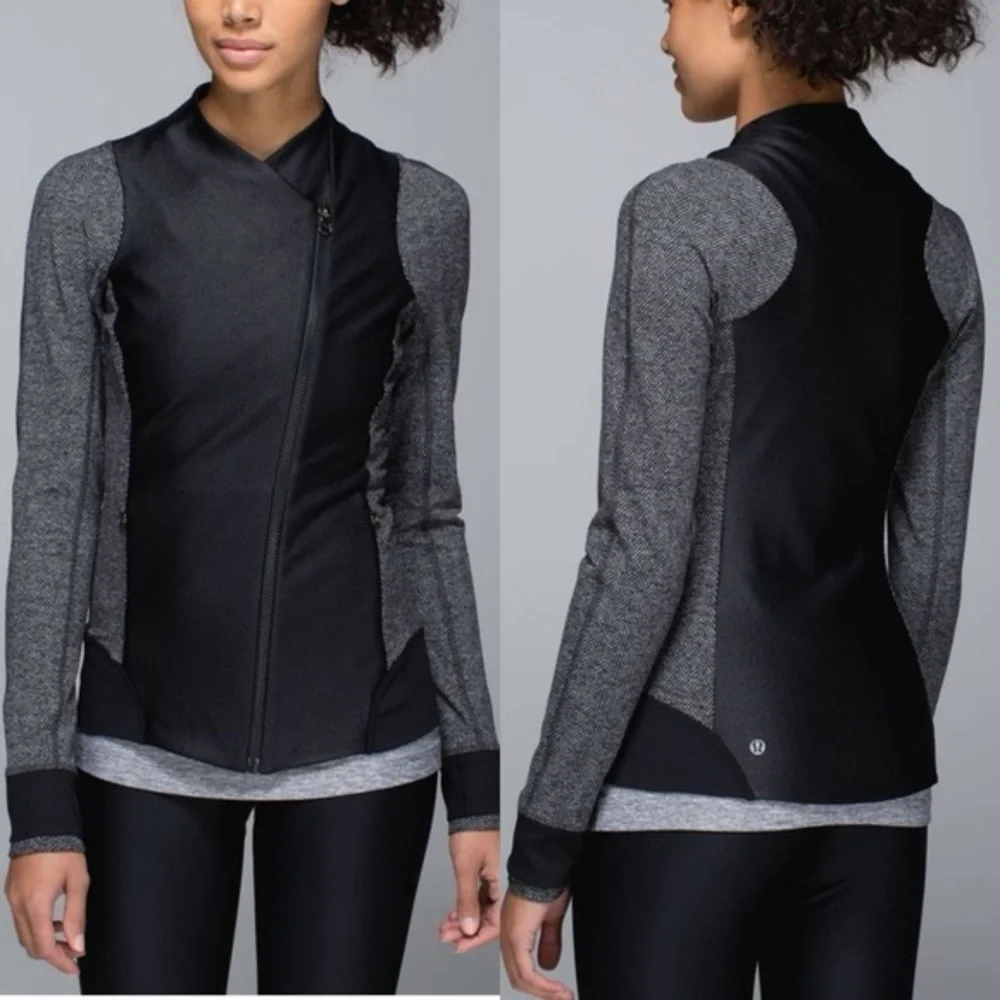 Lululemon Emerge Renewed Jacket Black/Herringbone‎ Size 4 Full-Zip Asymmetrical